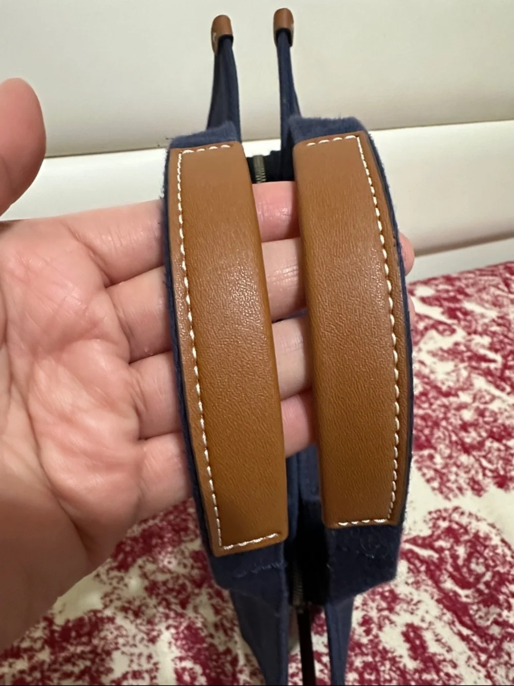 Tory Burch Navy Canvas 2-Way Bag with Tan Leather Trim